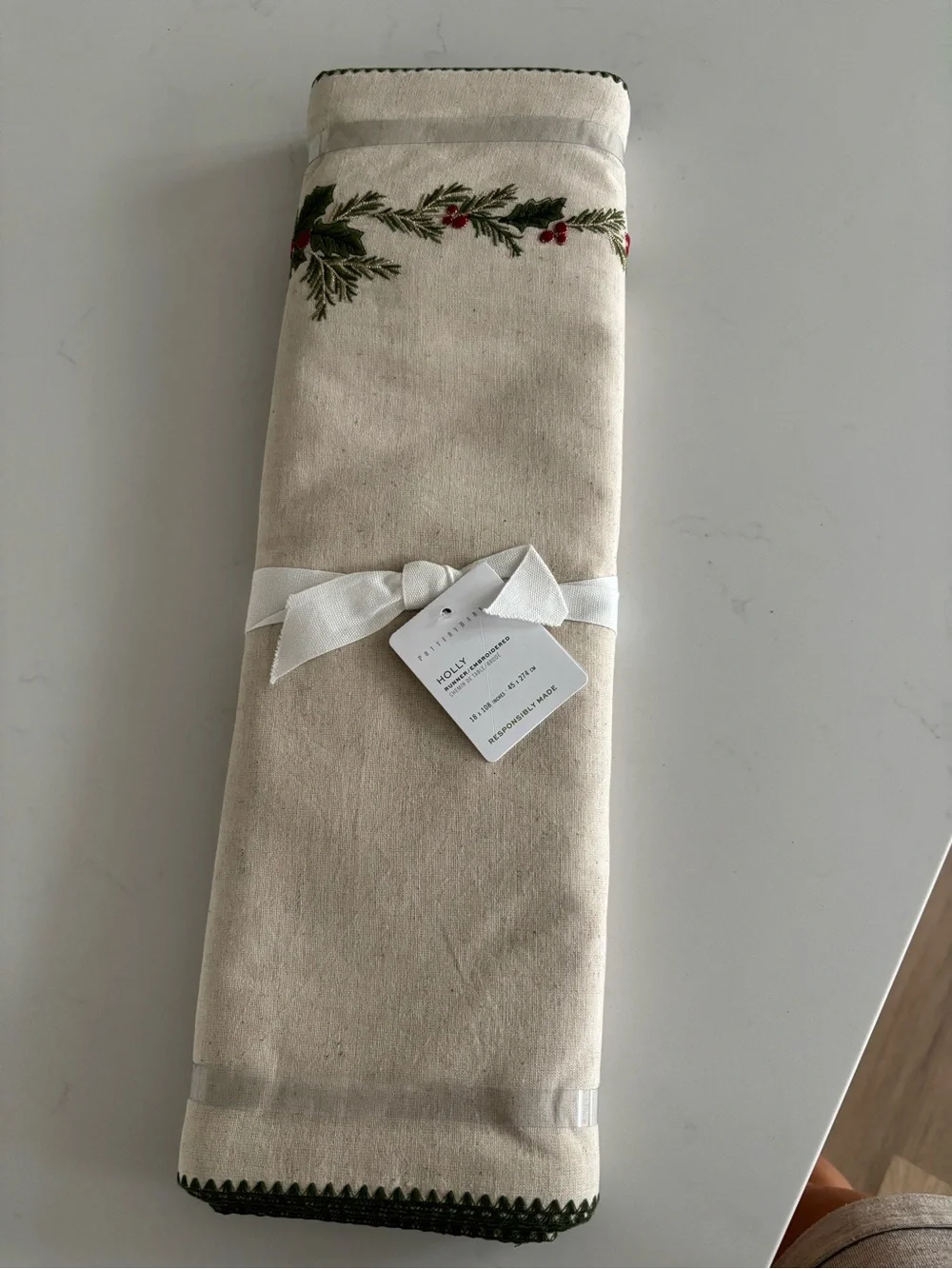 Pottery Barn Cream Table Runner with Green & Red Holly Embroidery